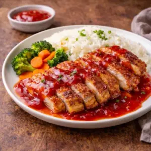 Krokante Babi Pangang met rode saus geserveerd op een wit bord.