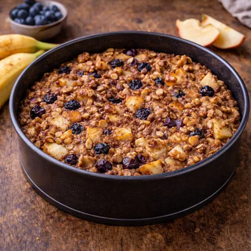Gezond Banaan Havermout Appeltaartje met appel en walnoten in een ronde bakvorm.