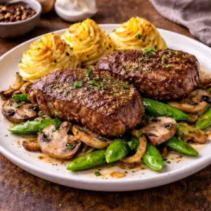 Gegrilde biefstuk met aardappelpuree rozetten en suikerpeulen uit de Airfryer.