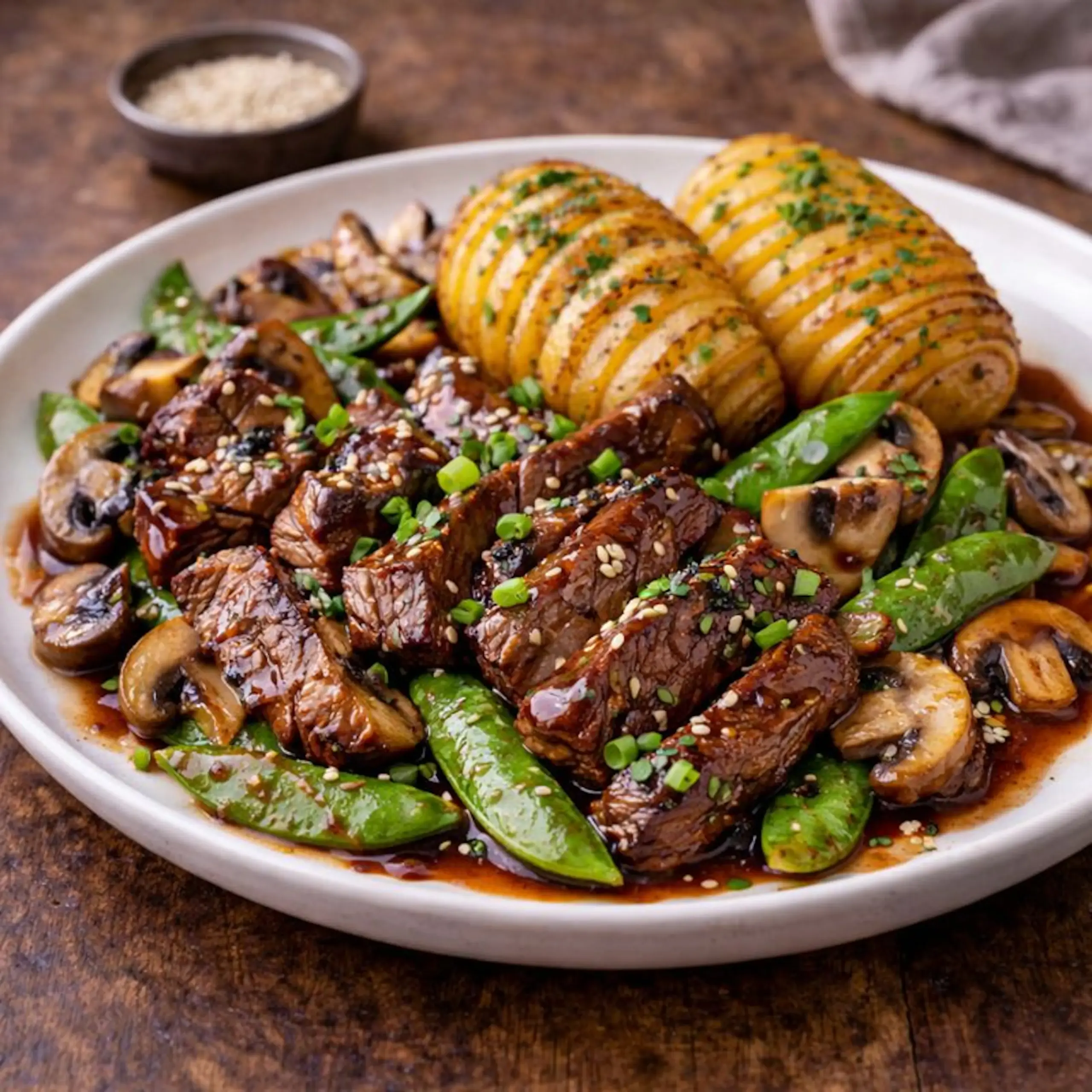 Malse biefstuk teriyaki met knapperige peultjes, champignons en goudbruine Hasselback-aardappels uit de Airfryer.