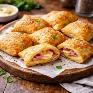 Goudbruine bladerdeeghapjes met gesmolten kaas, ham en mosterdvulling, op een houten serveerplank met bakpapier.