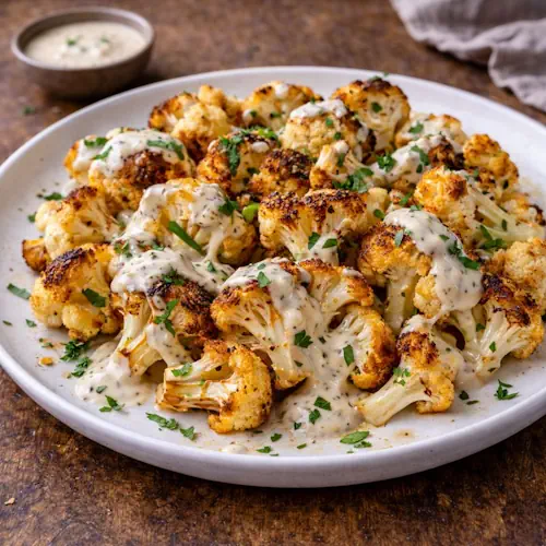 Goudbruin geroosterde bloemkoolroosjes met een romige tahinsaus en Griekse yoghurt op een bord.