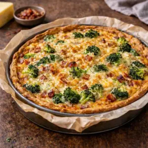 Een versgebakken goudbruine broccoliquiche met spekjes en een romige laag kaas in een ronde bakvorm.
