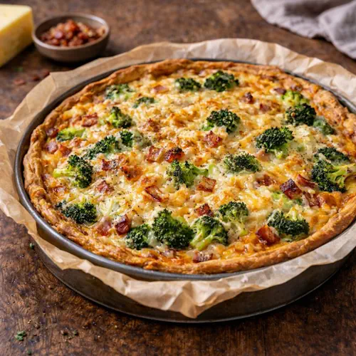 Een versgebakken goudbruine broccoliquiche met spekjes en een romige laag kaas in een ronde bakvorm.