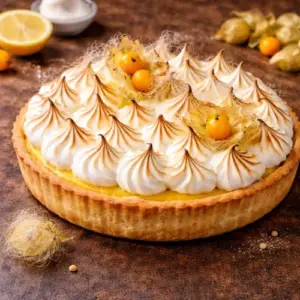 Goudbruine Citroen Merengue taart met romige citroenvulling en getorcheerde meringue, versierd met kruisbessen en spinsuiker, geserveerd op een rustieke houten tafel.