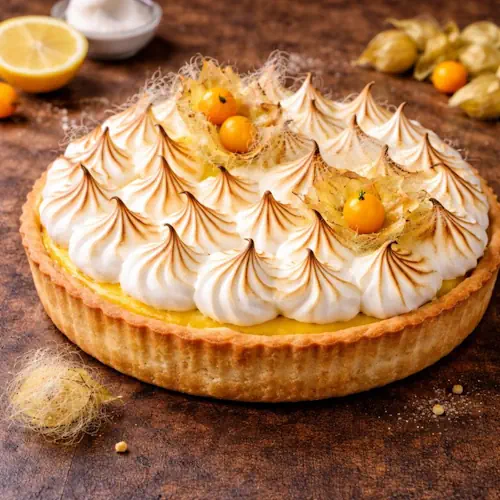 Goudbruine Citroen Merengue taart met romige citroenvulling en getorcheerde meringue, versierd met kruisbessen en spinsuiker, geserveerd op een rustieke houten tafel.