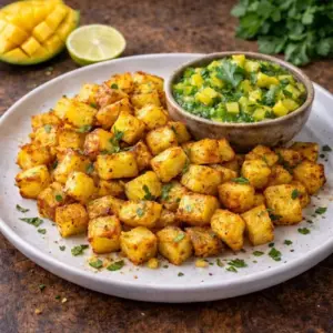 Goudbruin gebakken aardappelblokjes met kerrie geserveerd naast een kommetje gele mango-koriandersalsa.