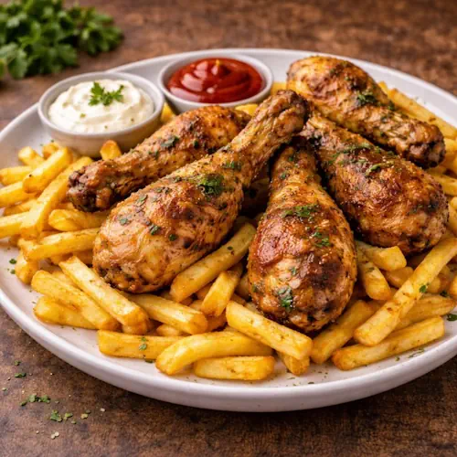Een heerlijk bord met Drumsticks en frites vers uit de Airfryer, geserveerd met een schaaltje rode saus.