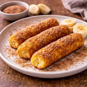 Gepaneerde gebakken banaan uit de Airfryer bestrooid met kaneelsuiker op een bord.