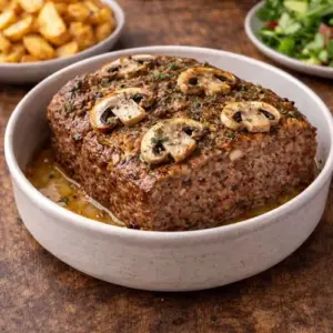 Goudbruin gehaktbrood met champignons en tijm, geserveerd in een schaal op een rustieke houten tafel.
