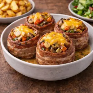 Krokant ontbijtspek om een sappig gehaktkommetje, rijkelijk gevuld met gebakken paprika, champignons en ui, afgetopt met gesmolten cheddar. Geserveerd op een rustieke houten tafel.