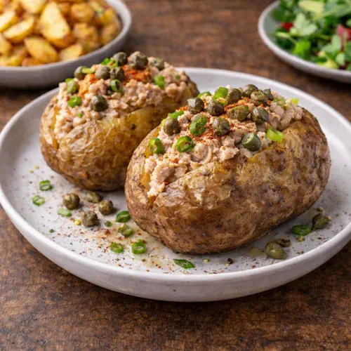 Goudbruin geroosterde kruimige aardappelen, opengesneden en gevuld met een romige tonijnvulling, bosui en kappertjes — geserveerd op een rustieke houten tafel.