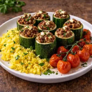 Zes rechtopstaande stukken groene courgette gevuld met rundergehakt en feta, goudbruin gebakken in een Airfryer.