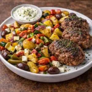 Traditionele Griekse schotel met gekruide bifteki, geroosterde krieltjes, paprika, courgette en rode ui, geserveerd met olijven, feta en zelfgemaakte tzatziki op een rustieke houten tafel.