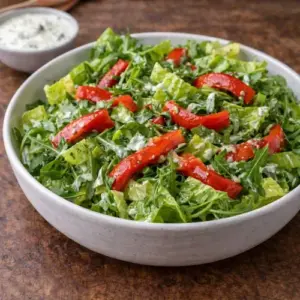 Groene salade van romaine en rucola met geroosterde rode paprika en romige yoghurt-citroendressing, geserveerd in een witte schaal op een rustieke houten tafel.