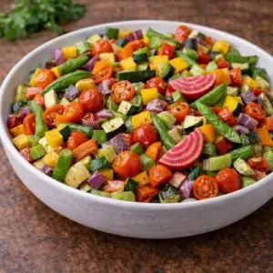 Gekleurde blokjes paprika, courgette, tomaatjes, biet, ui, bleekselderij en peulen, kort gegaard in de airfryer op een houten tafel in een witte schaal.
