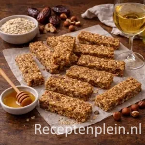 Vierkante (500×500) close-up van goudbruine havermout-dadelrepen uit de Airfryer, gesneden in repen en rustiek gestyled met dadels, havermout, gehakte hazelnoten, honing en een glas witte wijn op een houten tafel.