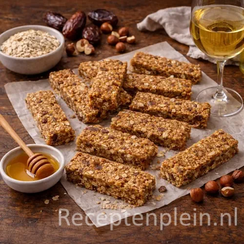 Vierkante (500×500) close-up van goudbruine havermout-dadelrepen uit de Airfryer, gesneden in repen en rustiek gestyled met dadels, havermout, gehakte hazelnoten, honing en een glas witte wijn op een houten tafel.