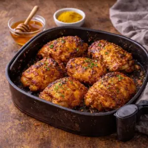Goudbruine kippendijen met een glanzende honing-kerrie marinade, gebakken in een airfryer en geserveerd op een rustieke houten tafel met honing en kerriepoeder als decoratie.