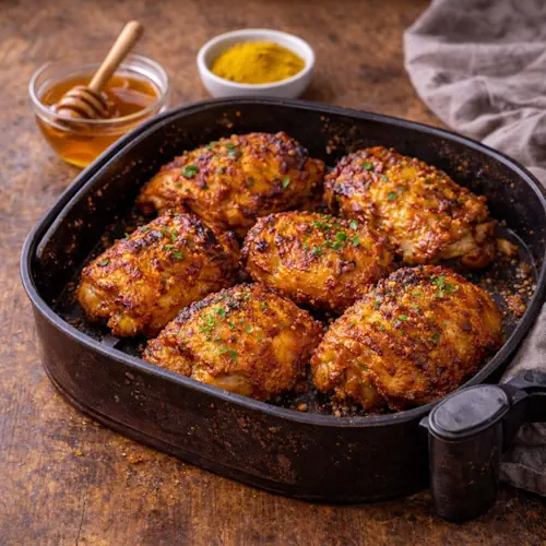 Goudbruine kippendijen met een glanzende honing-kerrie marinade, gebakken in een airfryer en geserveerd op een rustieke houten tafel met honing en kerriepoeder als decoratie.