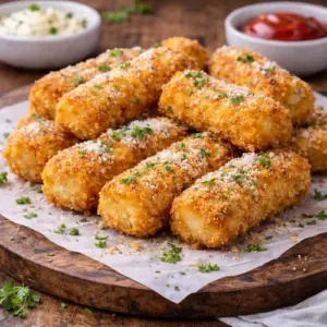 Goudbruine aardappelkroketjes met Parmezaanse kaas, geserveerd op bakpapier met verse peterselie en dipsauzen op een houten tafel.