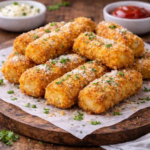 Goudbruine aardappelkroketjes met Parmezaanse kaas, geserveerd op bakpapier met verse peterselie en dipsauzen op een houten tafel.