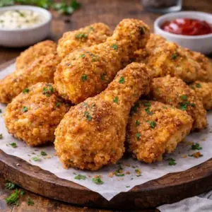 Goudbruine, krokante KFC-stijl kipstukjes uit de airfryer, geserveerd op een houten tafel met een dip erbij – sappig van binnen en perfect gekruid van buiten.