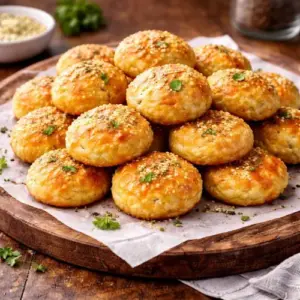 Licht goudbruine kaaskoekjes met Gruyère en peper, rustiek gepresenteerd op een houten plank met bakpapier.