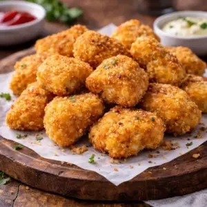 Deze knapperige kipnuggets uit de airfryer zijn goudbruin van buiten en sappig van binnen, geserveerd met dipsaus op een rustieke houten plank.