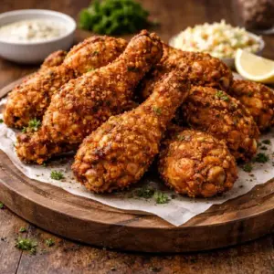 Krokante KFC-stijl kip uit de airfryer op een rustieke houten plank, goudbruin gepaneerd en kruidig geserveerd