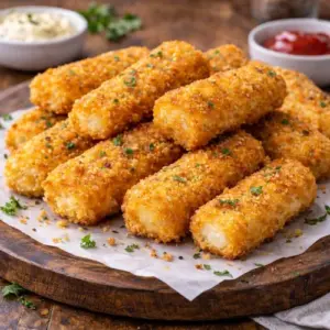 Goudbruine, knapperige vissticks uit de airfryer op een houten plank met dips van ketchup en tartaarsaus.
