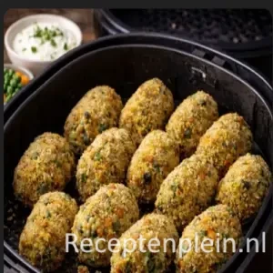 Goudbruine, knapperige groentenkroketjes uit de airfryer met een vulling van wortel, erwt, maïs en spinazie, geserveerd in het airfryer-mandje op een rustieke houten tafel met een schaaltje yoghurtdip.