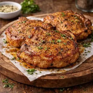 Kruidige karbonade uit de airfryer op een rustieke houten plank, goudbruin gebakken en sappig geserveerd