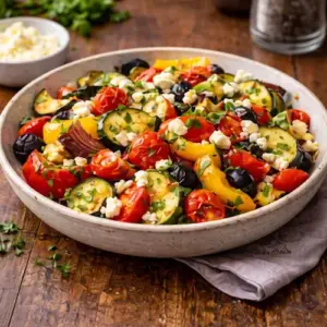 Kleurrijke mediterrane groenteschotel met courgette, paprika, tomaatjes, olijven en feta, geserveerd in een rustieke schaal op houten tafel.
