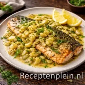 Snelle forel uit de magnetron met venkel, aardappel en witte wijnsaus op een bord