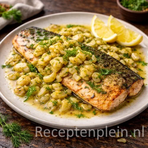 Snelle forel uit de magnetron met venkel, aardappel en witte wijnsaus op een bord