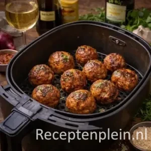 versgebakken, goudbruine kipgehaktballen uit de Airfryer op een schaal, bereid met sambal, ketjap en geraspte kaas.