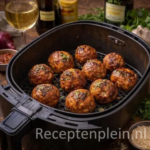 versgebakken, goudbruine kipgehaktballen uit de Airfryer op een schaal, bereid met sambal, ketjap en geraspte kaas.