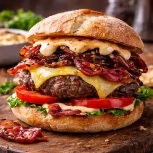 Sappige Oldburger met gesmolten Old Amsterdam kaas, pancetta en gekaramelliseerde uien op rustiek brood, geserveerd op een houten plank.