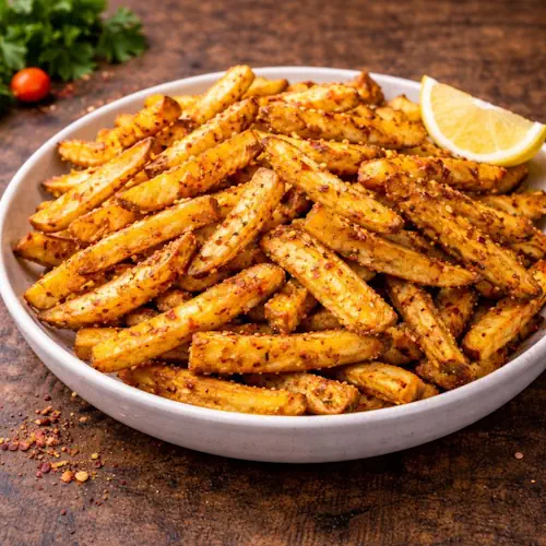 Goudbruine Friet pittig in de schil vers uit de Airfryer in een serveerschaal.