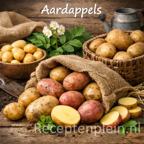 Aardappel recepten met diverse aardappelgerechten op een rustieke houten tafel