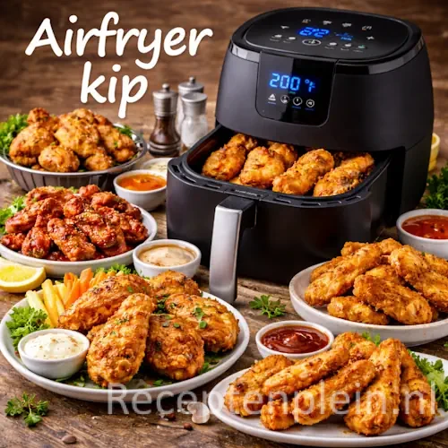 Airfryer kip recepten met krokante kip uit de airfryer op een rustieke houten tafel