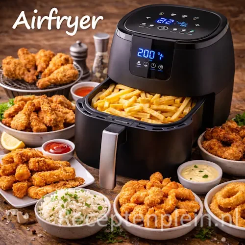 Airfryer recepten met aardappelen, kip, groenten en andere gerechten uit de heteluchtfriteuse op tafel