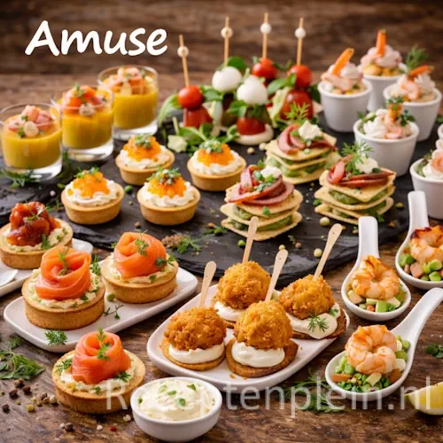 Amuse recepten met luxe amuse hapjes op een rustieke houten tafel