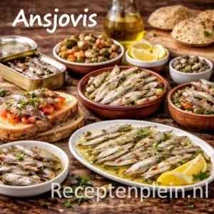 Ansjovis recepten met diverse recepten met ansjovis op een rustieke houten tafel