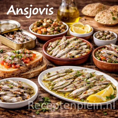 Ansjovis recepten met diverse recepten met ansjovis op een rustieke houten tafel