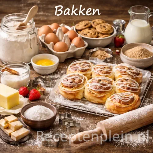 Bak recepten met diverse taarten, koekjes en gebak op een rustieke houten tafel