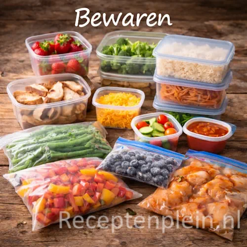 Categorie afbeelding met glazen voorraadpotten en vers voedsel om te bewaren op een robuuste rustieke houten tafel met bovenaan de witte tekst “Bewaren”