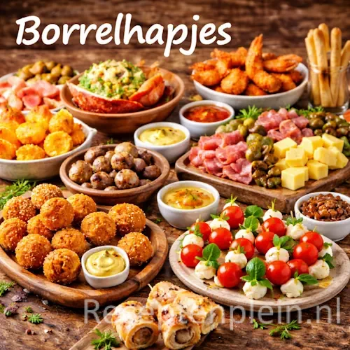 Categorie afbeelding met een gevarieerde selectie borrelhapjes zoals kaas, vleeswaren en warme snacks op een robuuste rustieke houten tafel met bovenaan de witte tekst “Borrelhapjes”