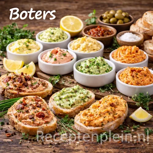 Zelfgemaakte boters met kruiden, knoflook en specerijen op een rustieke houten tafel